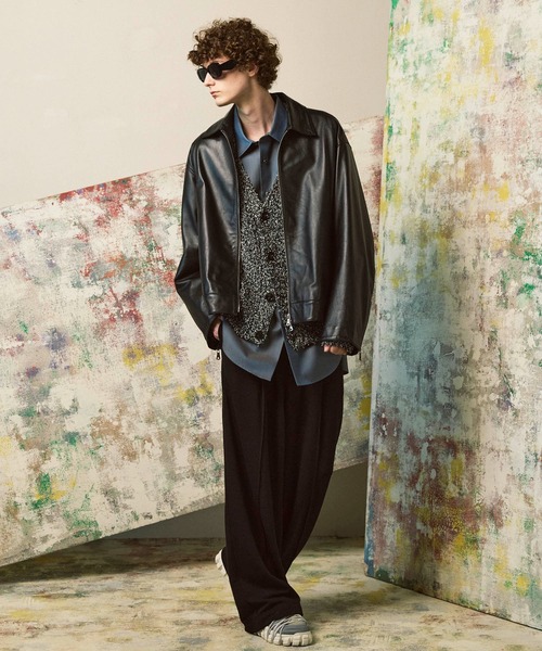 UNISEX》Sheep Leather Single Riders Collared Jacket/シープ