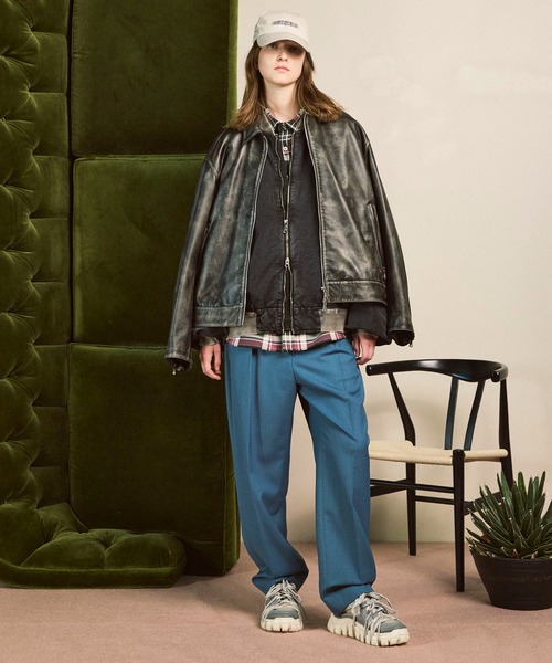 UNISEX》Sheep Leather Single Riders Collared Jacket/シープ