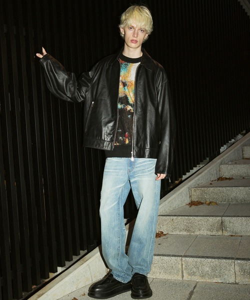 UNISEX》Sheep Leather Single Riders Collared Jacket/シープ