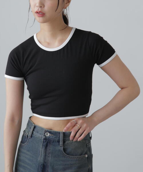 FREE'S MART(フリーズマート)の「ショート丈リンガーTシャツ(Tシャツ/カットソー・レディース・ブラック/ホワイト・FREE)」の1枚目の写真