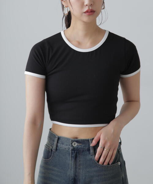 FREE'S MART(フリーズマート)の「ショート丈リンガーTシャツ(Tシャツ/カットソー・レディース・ブラック/ホワイト・FREE)」の12枚目の写真