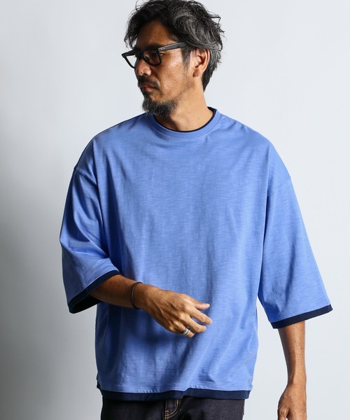 The DUFFER of ST.GEORGE（ザダファーオブセントジョージ）の「「AIR FLEX」3/4 SLEEVE LAYERED TEE：高収縮機能素材「エアフレックス」レイヤード 7分袖TEE（Tシャツ/カットソー・メンズ・ブルー/グレー/ミント・SMALL/MEDIUM/LARGE/X-LARGE）」の3枚目の写真