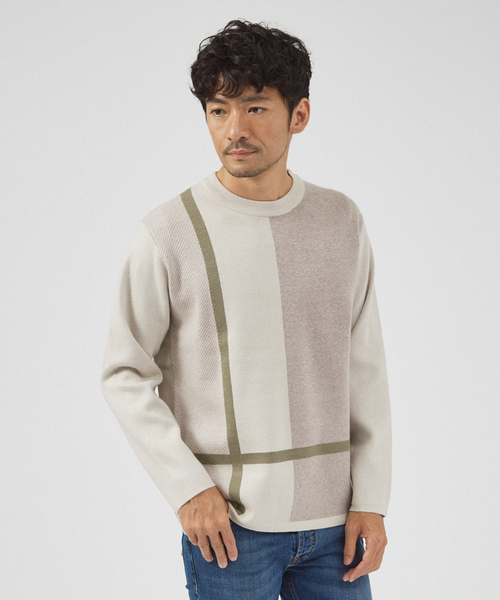 ABAHOUSE GRAY(アバハウスグレイ)の「【パネル切替】カシミヤタッチ ジャガード ニット(ニット/セーター・メンズ・ホワイト/グレイッシュベージュ/ブラック・48/46)」の3枚目の写真