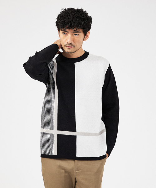 ABAHOUSE GRAY(アバハウスグレイ)の「【パネル切替】カシミヤタッチ ジャガード ニット(ニット/セーター・メンズ・ホワイト/グレイッシュベージュ/ブラック・48/46)」の1枚目の写真