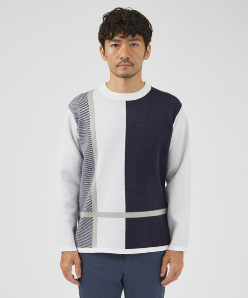 ABAHOUSE GRAY(アバハウスグレイ)の「【パネル切替】カシミヤタッチ ジャガード ニット(ニット/セーター・メンズ・ホワイト/グレイッシュベージュ/ブラック・48/46)」の5枚目の写真