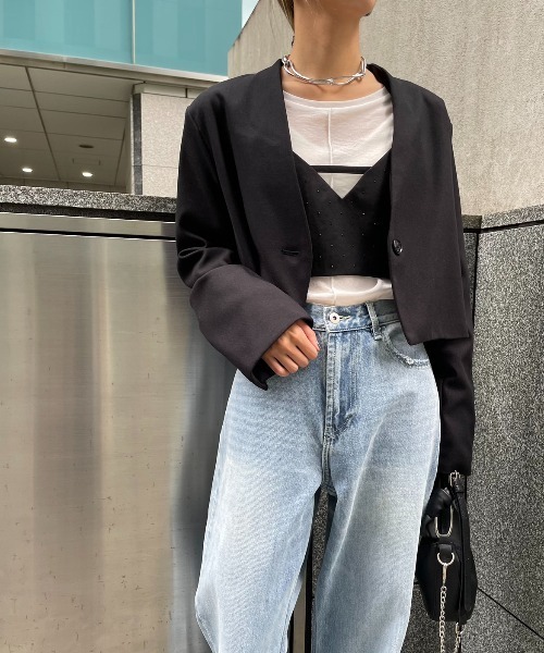 AIC.（エーアイシー）の「起毛ツイルショートジャケット（ノーカラージャケット・レディース・チャコールグレー/ブラック・FREE）」の4枚目の写真