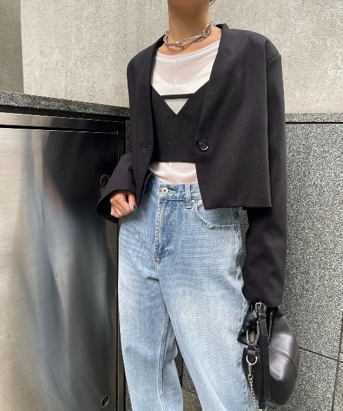 AIC.（エーアイシー）の「起毛ツイルショートジャケット（ノーカラージャケット・レディース・チャコールグレー/ブラック・FREE）」の5枚目の写真