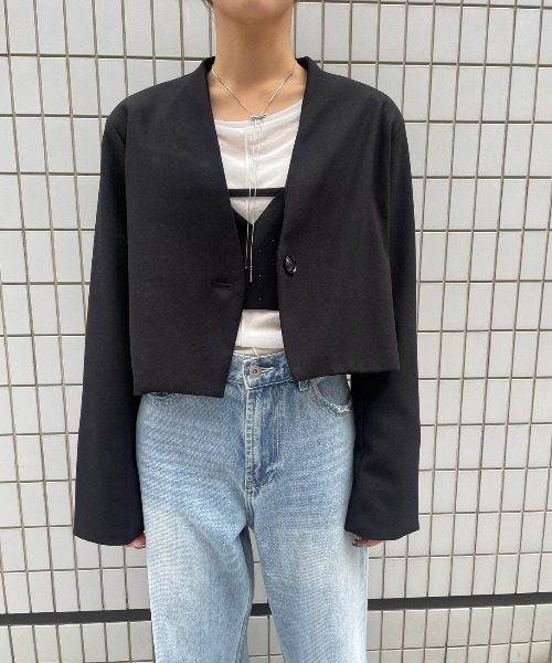 AIC.（エーアイシー）の「起毛ツイルショートジャケット（ノーカラージャケット・レディース・チャコールグレー/ブラック・FREE）」の7枚目の写真