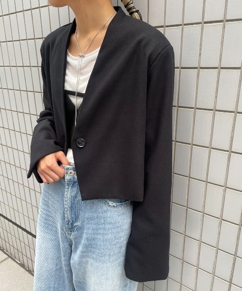 AIC.（エーアイシー）の「起毛ツイルショートジャケット（ノーカラージャケット・レディース・チャコールグレー/ブラック・FREE）」の8枚目の写真