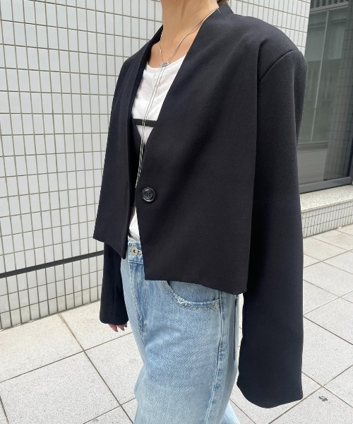 AIC.（エーアイシー）の「起毛ツイルショートジャケット（ノーカラージャケット・レディース・チャコールグレー/ブラック・FREE）」の10枚目の写真