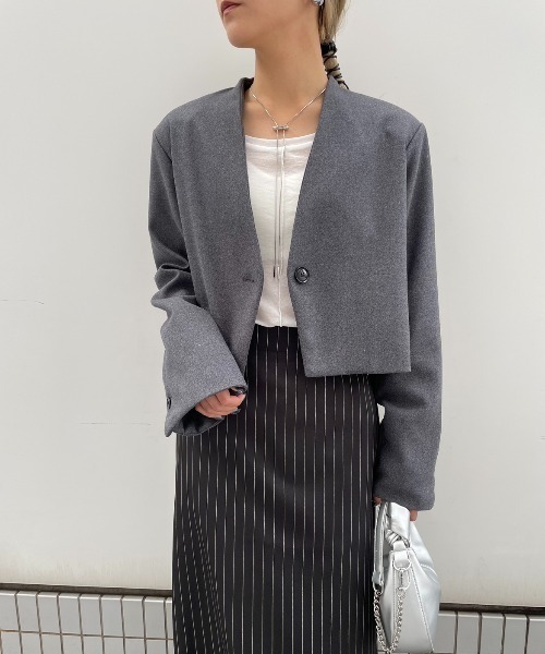 AIC.（エーアイシー）の「起毛ツイルショートジャケット（ノーカラージャケット・レディース・チャコールグレー/ブラック・FREE）」の15枚目の写真