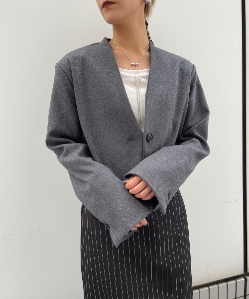 AIC.（エーアイシー）の「起毛ツイルショートジャケット（ノーカラージャケット・レディース・チャコールグレー/ブラック・FREE）」の16枚目の写真