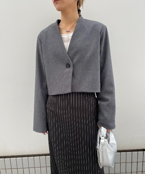 AIC.（エーアイシー）の「起毛ツイルショートジャケット（ノーカラージャケット・レディース・チャコールグレー/ブラック・FREE）」の19枚目の写真