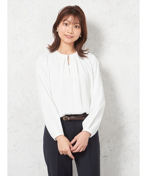 BLUELEA◆長袖ブラウス/FREE/コットン/WHT/012056 ウォッシャブル】ブラウス 長袖 クルーネックプルオーバータック