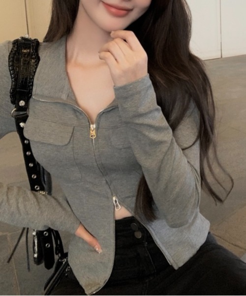 NANEA(ナネア)の「ポケット付きダブルジップハイネックトップス(Tシャツ/カットソー・レディース・グレー・SMALL/MEDIUM/LARGE)」の2枚目の写真