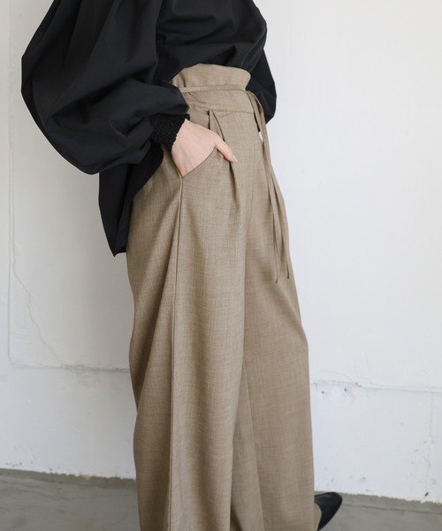 セール】【Et】High-Waisted Gathered-Tuck Wide-Leg Pants