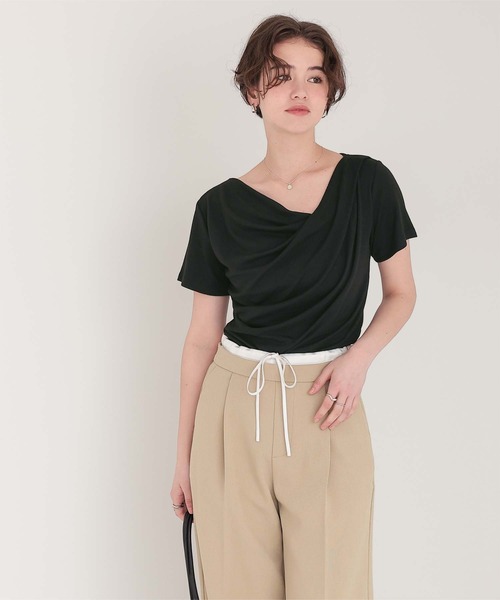 titivate(ティティベイト)の「オフショルダーハーフスリーブTシャツ(Tシャツ/カットソー・レディース・オリーブ/オレンジ/ネイビー/ブラック/杢グレー/オフホワイト/グレー系その他/ベージュ/ドット・L/M/S)」の18枚目の写真