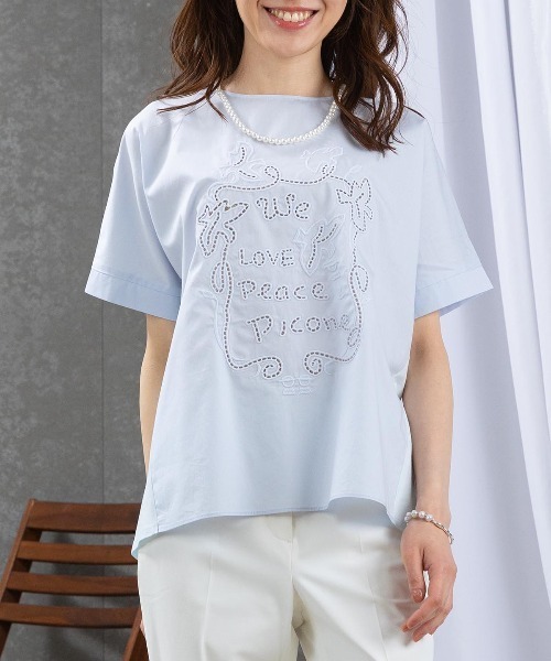STUDIO PICONE（スタジオピッコーネ）の「カットワーク刺繍冷感Ｔシャツ（Tシャツ/カットソー・レディース・ネイビー/ホワイト/ブルー・LL/L/M）」の4枚目の写真