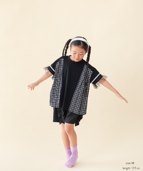 unica（ユニカ）の「サイドプリーツチェックＴ（Tシャツ/カットソー・キッズ・ブラック/オフホワイト・S/M/L/XL）」の8枚目の写真