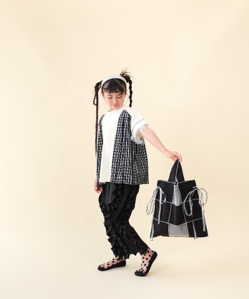 unica（ユニカ）の「サイドプリーツチェックＴ（Tシャツ/カットソー・キッズ・ブラック/オフホワイト・S/M/L/XL）」の5枚目の写真