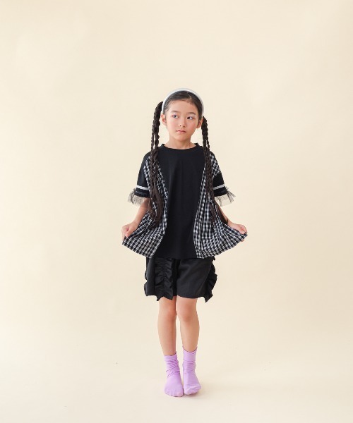 unica（ユニカ）の「サイドプリーツチェックＴ（Tシャツ/カットソー・キッズ・ブラック/オフホワイト・S/M/L/XL）」の6枚目の写真