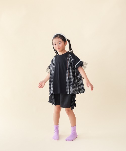 unica（ユニカ）の「サイドプリーツチェックＴ（Tシャツ/カットソー・キッズ・ブラック/オフホワイト・S/M/L/XL）」の7枚目の写真