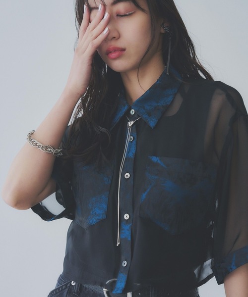 HARE（ハレ）の「ジャガードキリカエショートシャツ(HARE)（シャツ/ブラウス・レディース・ブルー/ブラック/ライトグリーン/ピンク/グリーン系その他/ブルーパープル/オレンジ/ブルー系その他/オレンジ系その他・FREE）」の6枚目の写真