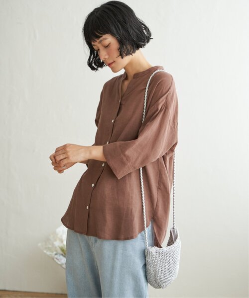 LBC(エルビーシー)の「【二の腕カバー★ シワになりにくい】リネンコットン5分袖シャツ(シャツ/ブラウス・レディース・ブラウン/ピンク/ダークカーキ・M)」の4枚目の写真