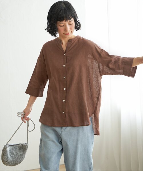 LBC(エルビーシー)の「【二の腕カバー★ シワになりにくい】リネンコットン5分袖シャツ(シャツ/ブラウス・レディース・ブラウン/ピンク/ダークカーキ・M)」の5枚目の写真