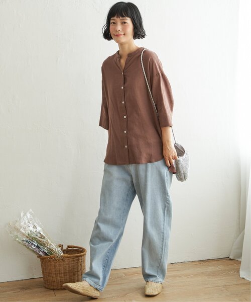 LBC(エルビーシー)の「【二の腕カバー★ シワになりにくい】リネンコットン5分袖シャツ(シャツ/ブラウス・レディース・ブラウン/ピンク/ダークカーキ・M)」の7枚目の写真