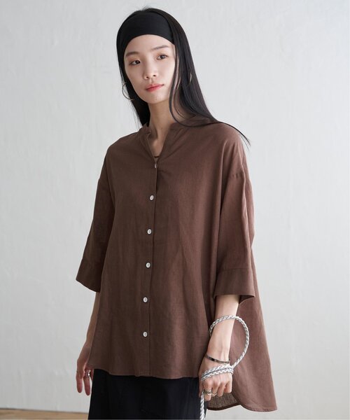 LBC(エルビーシー)の「【二の腕カバー★ シワになりにくい】リネンコットン5分袖シャツ(シャツ/ブラウス・レディース・ブラウン/ピンク/ダークカーキ・M)」の8枚目の写真