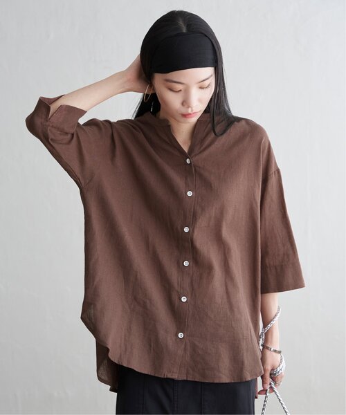 LBC(エルビーシー)の「【二の腕カバー★ シワになりにくい】リネンコットン5分袖シャツ(シャツ/ブラウス・レディース・ブラウン/ピンク/ダークカーキ・M)」の9枚目の写真