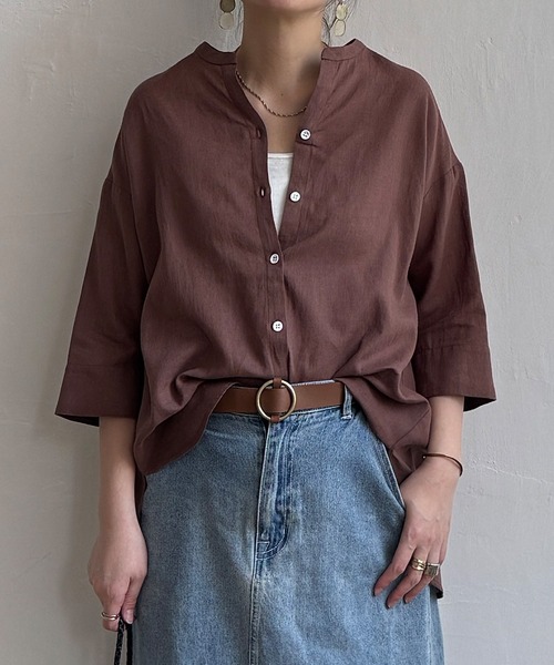 LBC(エルビーシー)の「【二の腕カバー★ シワになりにくい】リネンコットン5分袖シャツ(シャツ/ブラウス・レディース・ブラウン/ピンク/ダークカーキ・M)」の2枚目の写真