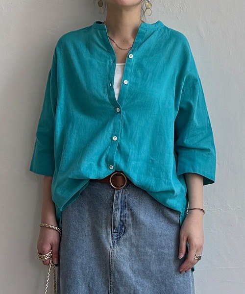 LBC(エルビーシー)の「【二の腕カバー★ シワになりにくい】リネンコットン5分袖シャツ(シャツ/ブラウス・レディース・ブラウン/ピンク/ダークカーキ・M)」の1枚目の写真