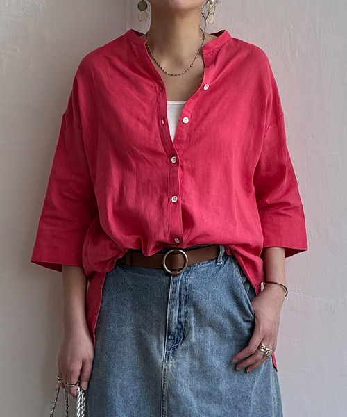 LBC(エルビーシー)の「【二の腕カバー★ シワになりにくい】リネンコットン5分袖シャツ(シャツ/ブラウス・レディース・ブラウン/ピンク/ダークカーキ・M)」の3枚目の写真