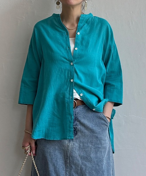 LBC(エルビーシー)の「【二の腕カバー★ シワになりにくい】リネンコットン5分袖シャツ(シャツ/ブラウス・レディース・ブラウン/ピンク/ダークカーキ・M)」の21枚目の写真