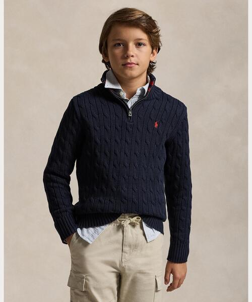 POLO RALPH LAUREN CHILDRENSWEAR(ポロ ラルフ ローレン チルドレンズウェア)の「ケーブルニット コットン クォータージップ セーター(ニット/セーター・キッズ・ネイビー系1・M/S/XL/L)」の1枚目の写真