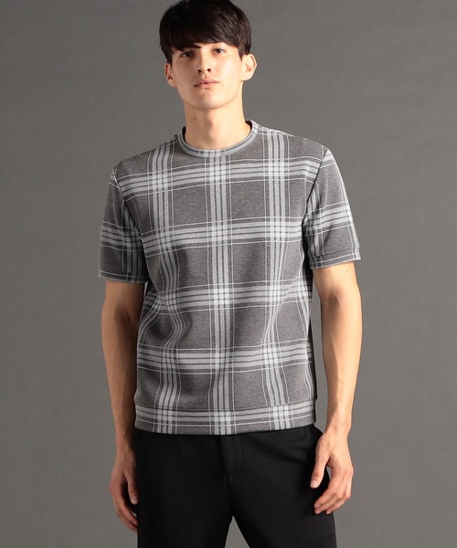 【新品タグ付】 V12 防風チェック柄セーター M グレー canal deux Luxe】チェック柄 ダンボールニットTシャツ（Tシャツ