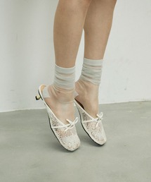 Flower Embroidery Ribbon Mesh Mules/フラワー刺繍リボンメッシュミュール