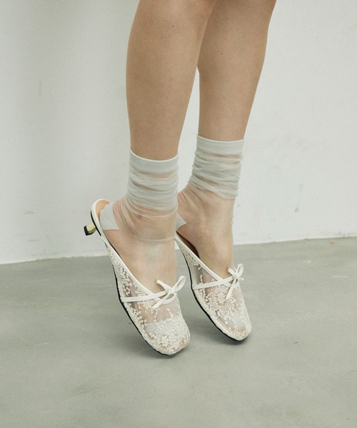 セール】Flower Embroidery Ribbon Mesh Mules/フラワー刺繍