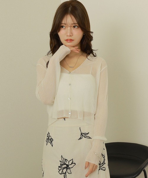 sheer rib v neck cardigan /シアー プリーツ Vネック ショート