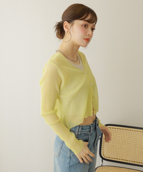 sheer rib v neck cardigan /シアー プリーツ Vネック ショート