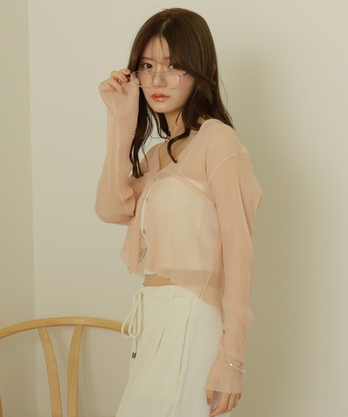 LAULEN（ローレン）の「sheer rib v neck cardigan /シアー プリーツ Vネック ショート丈 カーディガン（カーディガン/ボレロ・レディース・ホワイト/ピンク/イエロー/ブラック/グレー/ブルー・FREE）」の7枚目の写真