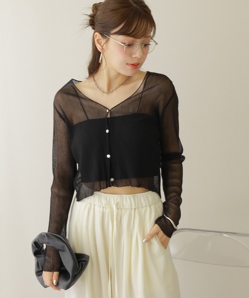LAULEN（ローレン）の「sheer rib v neck cardigan /シアー プリーツ Vネック ショート丈 カーディガン（カーディガン/ボレロ・レディース・ホワイト/ピンク/イエロー/ブラック/グレー/ブルー・FREE）」の16枚目の写真