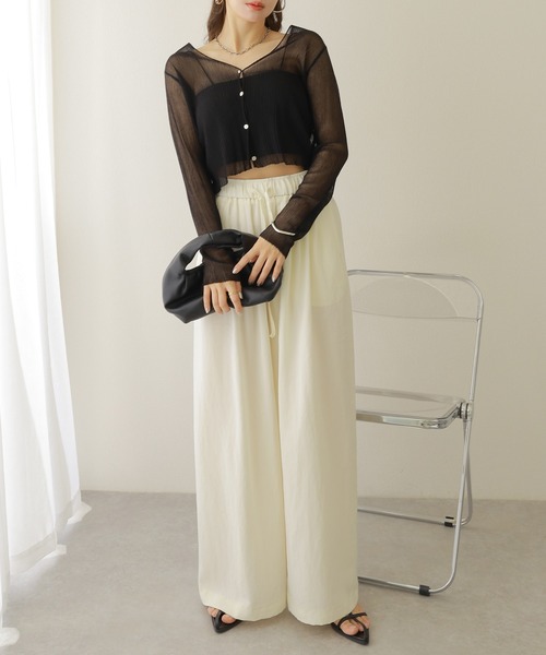 sheer rib v neck cardigan /シアー プリーツ Vネック ショート
