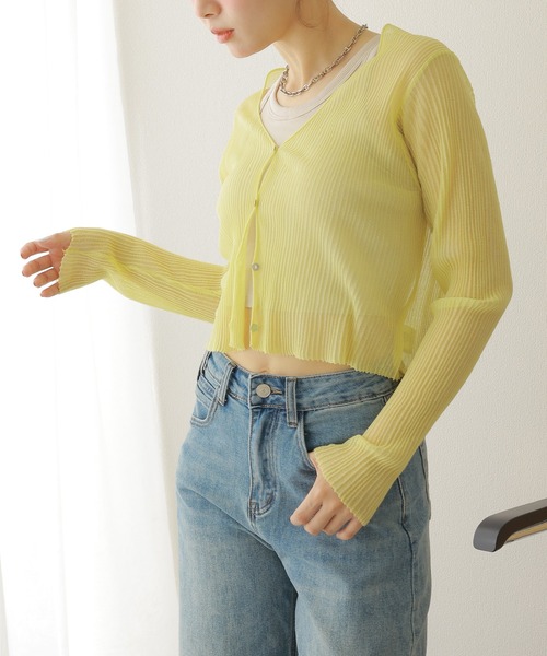 LAULEN（ローレン）の「sheer rib v neck cardigan /シアー プリーツ Vネック ショート丈 カーディガン（カーディガン/ボレロ・レディース・ホワイト/ピンク/イエロー/ブラック/グレー/ブルー・FREE）」の18枚目の写真