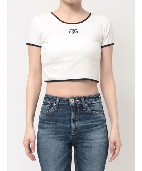 GYDA(ジェイダ)の「Symmetry GYDAバイカラーTシャツ(Tシャツ/カットソー・レディース・オフホワイト/ブラック/ピンク・FREE)」の2枚目の写真