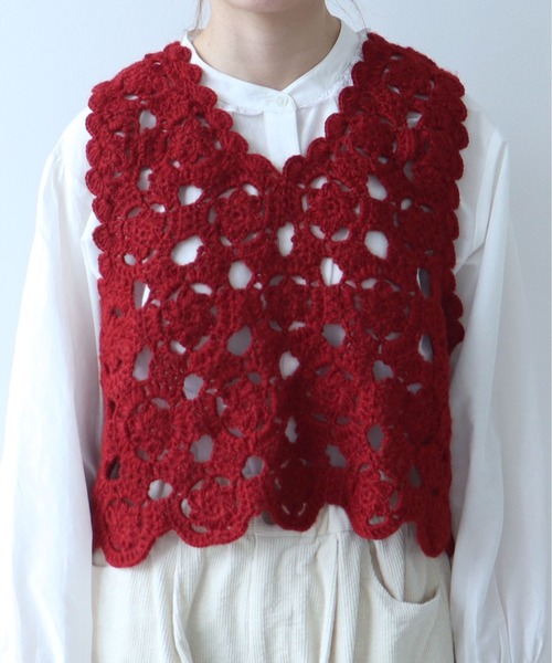 bulle de savon（ビュルデサボン）の「ネパールハンドニット かぎ針レース ベスト（ベスト・レディース・ホワイト/レッド/ブラック・FREE）」の21枚目の写真