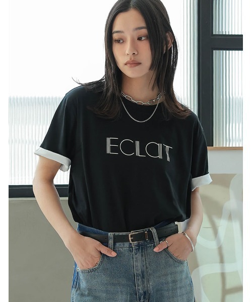 Re:EDIT（リエディ）の「[接触冷感]配色スリーブ半袖ロゴTシャツ（Tシャツ/カットソー・レディース・ブラック/ホワイト/ネイビー/グレー・MEDIUM/LARGE）」の2枚目の写真