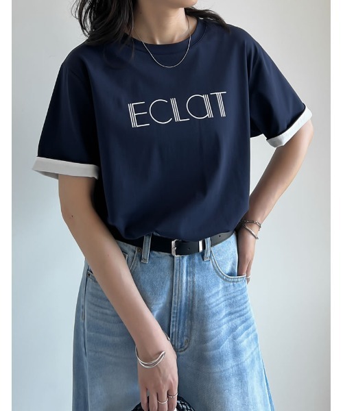 Re:EDIT（リエディ）の「[接触冷感]配色スリーブ半袖ロゴTシャツ（Tシャツ/カットソー・レディース・ブラック/ホワイト/ネイビー/グレー・MEDIUM/LARGE）」の8枚目の写真